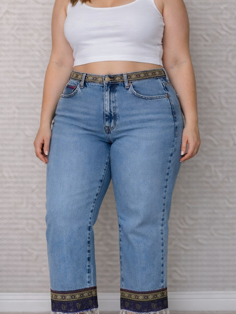 High-Rise Light Blue Wide Leg Jeans with Embroidered Hem